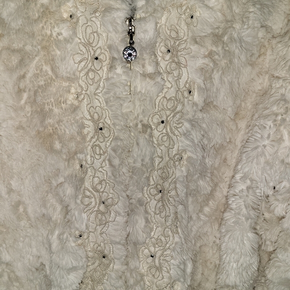 Joseph Ribkoff - lvory Faux Fur Zip-Up Hooded Jacket w/ Front Embellishments - Picture 7 of 11